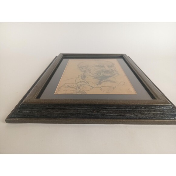 Old Man Holding His Glasses Framed Pencil Portrait Unknown Artist - Picture 8 of 10